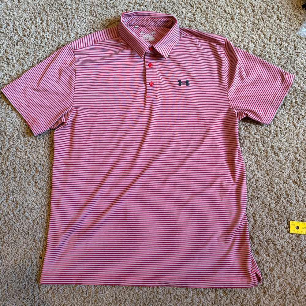 Under Armour Men's Red and Grey Striped Polo Shirt Size L